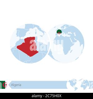 Algerien auf Weltkugel mit Flagge und regionaler Landkarte von Algerien. Vektorgrafik. Stock Vektor