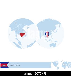 Kambodscha auf Weltkugel mit Flagge und regionaler Landkarte von Kambodscha. Vektorgrafik. Stock Vektor