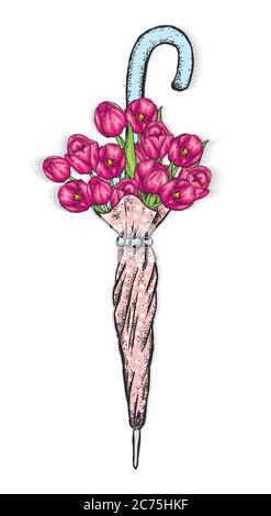 Vintage Regenschirm und ein schönes Bouquet von Tulpen. Vektorgrafik. Frühlingsblumen. Stock Vektor