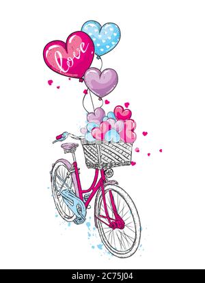 Ein Fahrrad mit einem Korb von Herzen und Ballons in Form eines Herzens. Valentinstag und Liebe. Vektorgrafik für eine Postkarte oder ein Poster. Stock Vektor