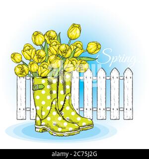 Bouquet von Tulpen in einem schönen Polka dot Gummistiefel. Vektorgrafik. Frühlingsblumen. Stock Vektor
