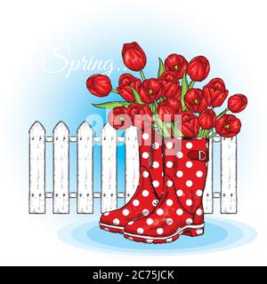 Bouquet von Tulpen in einem schönen Polka dot Gummistiefel. Vektorgrafik. Frühlingsblumen. Stock Vektor