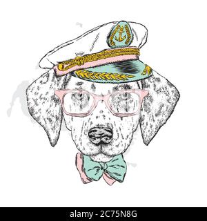Ein schöner Hund in Kapitänsmütze, Brille und Krawatte. Vektor-Illustration für eine Postkarte oder Poster, drucken auf Kleidung. Reinrassige Welpen. Husky oder Wolf. Stock Vektor