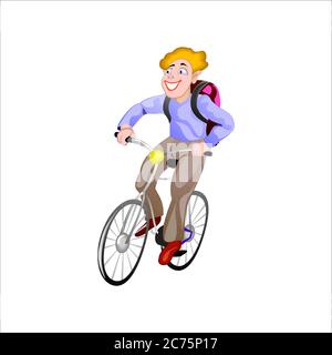 Vektor-Illustration von glücklichen Schüler gehen zur Schule mit Fahrrad auf isoliertem Hintergrund Stock Vektor