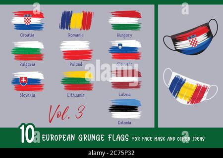 10 Europäische Grunge-Fahnen für Gesichtsmaske und andere Ideen. Stock Vektor