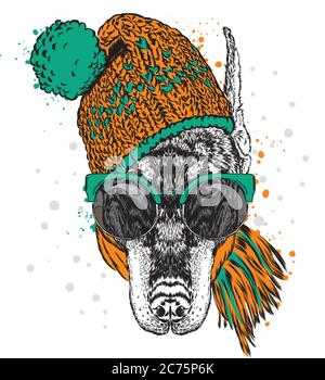 Hund in einem Weihnachtshut und Sonnenbrille. Vektorgrafik für eine Karte oder ein Poster. Drucken auf der Kleidung. Niedlicher Welpe. Stammbaum Hund. Winterurlaub. Neu Stock Vektor