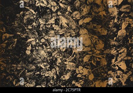 Verzweifelte Überlagerung goldenes Holzblatt Makro-Textur mit Streifen. Grunge schwarz und weiß Hintergrund. Abstrakte Halbton Vektor-Illustration Stock Vektor