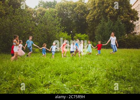 Die Gruppe der Kinder lernt, zusammenzuarbeiten Stockfoto