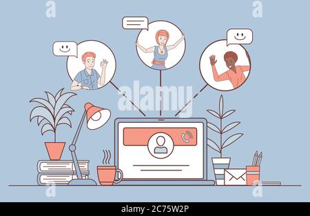 Soziale Netzwerke oder Online-Kommunikation Karikatur skizzieren Illustration. Glücklich lächelnde Menschen chatten und miteinander reden und passieren lächelnde Symbole. Online-Anruf über Laptop-Vektor-Konzept. Stock Vektor