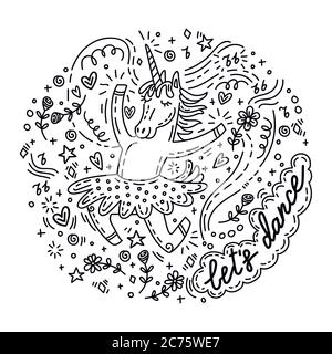 Lustige tanzende Einhorn im Rock. Vektor Humor Charakter im Doodle-Stil.Monochrome isolierte Illustration für Aufkleber, Design-Kissen, Uhr, Karte, des Stock Vektor