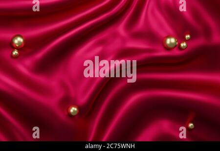 Rot drapiert ging mit goldenen Perlen. Vorlage für die Präsentation von Kosmetik oder Schmuck. 3d-Rendering. Stockfoto