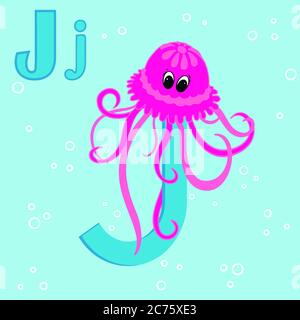 Alphabet Buchstabe J Qualle-ABC BIS Z , bunte Tier Alphabet Buchstabe J mit einer niedlichen Qualle isoliert auf blauem Hintergrund. Stockfoto