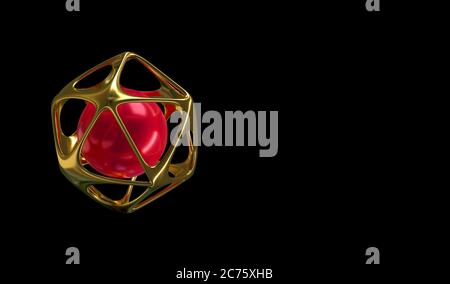 3d-Illustration. Goldenes abstraktes Objekt auf schwarzem Hintergrund isoliert. 3d-Rendering. Element für Design, Werbung. Stockfoto