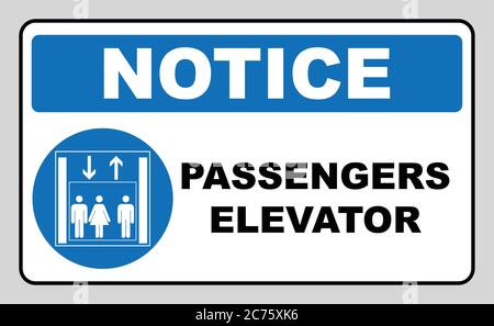 Schild mit Fahrstuhlaufzug. Symbol für den Anheben des Vektors. Vektordarstellung isoliert auf weißem Hintergrund. Blaues Pflichtsymbol. Hinweisbanner. Weißes einfaches Picto Stock Vektor