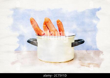 Topf mit rohen Karotten auf Holztisch in Aquarell Stockfoto