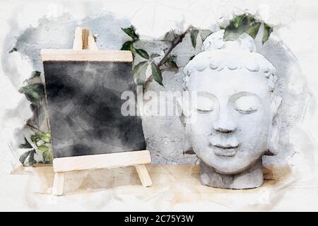 Kleine Kreidetafel mit grauem buddha-Kopf auf Holztisch in Aquarellen Stockfoto