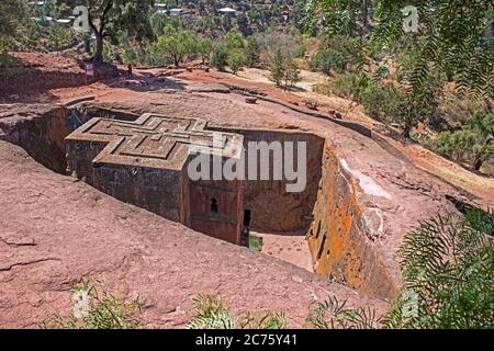 Beta Giorgis / Bete Giyorgis / Kirche des Heiligen Georg, eine von elf Felsengehauen monolithischen Kirchen in Lalibela, Lasta Amhara Region, Äthiopien, Afrika Stockfoto