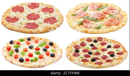 Pizza Pizza Kollektion Collage isoliert auf weißem Hintergrund Stockfoto