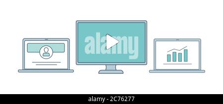 Bildschirme für Laptops, Computer und Notebooks mit ansteigendem Balkendiagramm, Spielschild und Webseite für soziale Netzwerke. Internet-Kommunikation, Datenanalyse, so dass Video-Content-Vektor Cartoon skizzieren Konzept. Stock Vektor