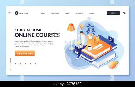 Fernunterricht, Online-Kurse und Studium zu Hause Konzept. Vektor isometrische 3d-Illustration für Web Landing Page Banner Stock Vektor