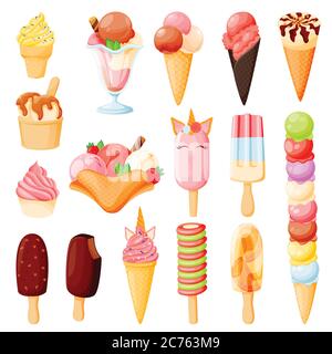 Bunte Eis Kegel Symbole Set. Vektor Cartoon Lebensmittel Illustration. Sommer Dessert Snacks Sammlung. Süße Design-Elemente, isoliert auf weißem Hintergrund Stock Vektor