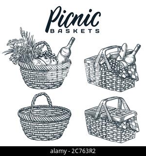 Picknick-Körbe-Set, isoliert auf weißem Hintergrund. Vektor handgezeichnete Skizzendarstellung. Sommer-Mittagessen im Freien, Abendessen Design Elemente und Kalligraphie Stock Vektor