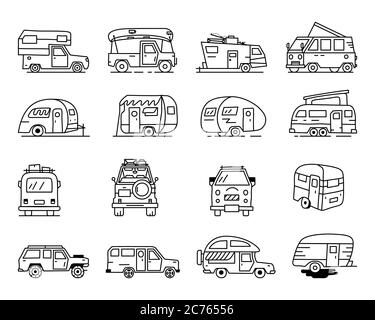 Vintage handgezeichnete Wohnmobil Freizeit Anhänger, Wohnmobil Autos Symbole. Einfache Strichgrafiken. Camping Fahrzeuge Transporter und Wohnwagen Symbole. Stock-Vektor Stock Vektor