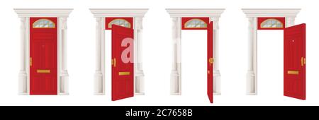 Geschlossen und offen klassische Holz rote Tür-Set, isoliert auf weißem Hintergrund. Haus Eingang und Ausgang, Innenarchitektur Element. Vektor flach Cartoon illu Stock Vektor
