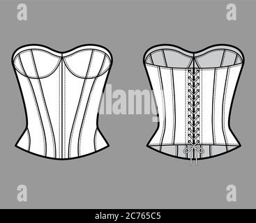 Korsett-Stil oben technische Mode Illustration mit Einbaukörper, Rundhalsausschnitt trägerlosen Ausschnitt, Schnürung zurück. Flatbluse Bekleidungsvorlage vorne, hinten, weiß. Frauen, Männer Unisex CAD mockup Stock Vektor