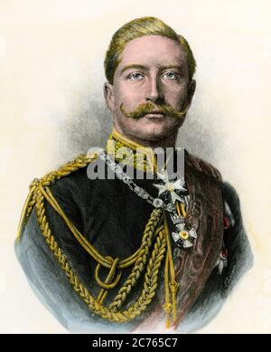 Deutscher Kaiser Wilhelm II., bekannt als "der Kaiser". Handkolorierter Holzschnitt Stockfoto