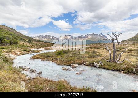 Fluss auf dem Weg zum Esmerald See - Ushuaia, Argentinien Stockfoto