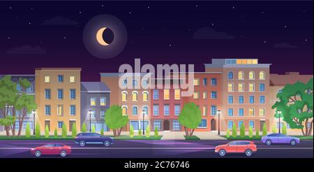 Architektur Gebäude in New York Straßen bei Nacht Vektor-Illustration. Cartoon Wohnung städtische NY Skyline, Panoramablick auf die Straßenlandschaft klassische Fassade Ziegelhäuser, Autos auf der Straße, leere Bürgersteig Hintergrund Stock Vektor