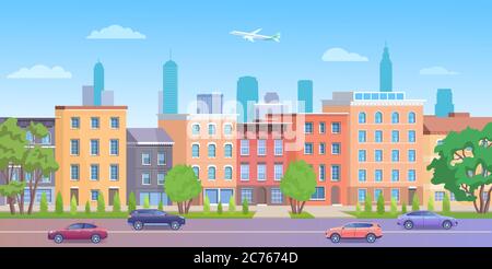 Architektur Gebäude in New York Straßen Vektor-Illustration. Cartoon flache städtische NY Skyline, Panoramablick auf die Straßenlandschaft mit klassischer Fassade Ziegelhäuser, Autos auf der Straße und leerer Bürgersteig Hintergrund Stock Vektor