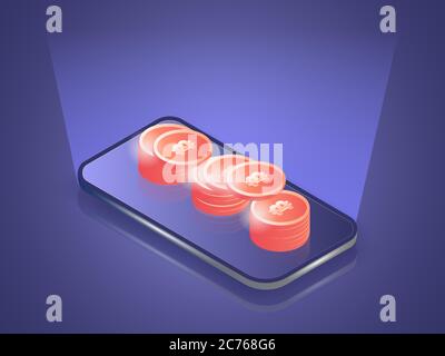Ein Haufen Bitcoins auf Smartphone mobile online. Isometrische Darstellung des 3D-Vektorgrafikes. Stock Vektor