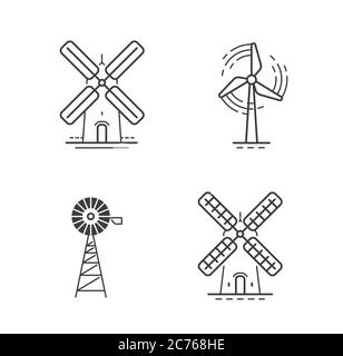 Symbole oder Symbole festlegen. Erneuerbare Energien, Windmühle, Industriekonzept Stock Vektor