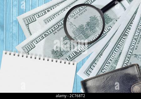 100 US-Dollar Scheine und Lupe mit schwarzem Geldbeutel und Notizblock. Konzept von gefälschtem Geld. Suchen Sie nach Unterschieden in Details zu Geldrechnungen Stockfoto