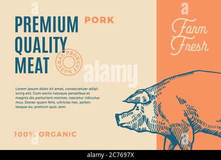 Schweinefleisch In Premium-Qualität. Abstract Vektor Fleisch Verpackung Design oder Etikett. Moderne Typografie und handgezeichnete Pig Silhouette Hintergrund Layout Stock Vektor