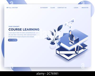 Mädchen studiert modernen Online-Kurs mit Laptop, Internet und Bücher. 3D-isometrisch der Vektordarstellung der Landing Page Stock Vektor