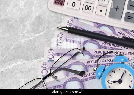 100 philippinische Piso Rechnungen und Rechner mit Brille und Stift. Geschäftskredit oder Steuerzahlung Saisonkonzept. Finanzplanung und Zeit, Steuern zu zahlen Stockfoto