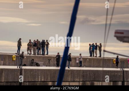 Eine Gruppe von Vogelbeobachtern und Naturfotografen mit Ausrüstung an der Hafenmauer entdeckten ungewöhnliche Besucher in Irland Brown Booby. 14.07.2020. Stockfoto