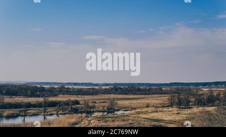 Ein ruhiger Fluss in einer grünen ländlichen Gegend. Schöne Landschaft mit einem Fluss mit ruhigem Wasser, neben einem Quellwald in der Natur. Eine schmale, windende Stockfoto