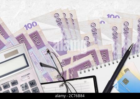 100 philippinische Piso Rechnungen und Rechner mit Brille und Stift. Tax Payment Saison Konzept oder Investment-Lösungen. Finanzplanung oder Buchhalter pa Stockfoto