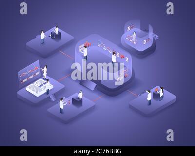 Die Mitarbeiter arbeiten im Team daran, die Daten mithilfe von Diagramm, Diagramm, Bildschirm usw. im Arbeitsbereich zu analysieren. 3D-isolierte isometrische Vektordarstellung Stock Vektor