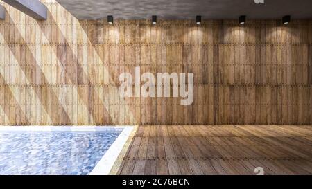 Abbildung 3ds gerendert, Raum Innenraum mit Holzwand und Boden, die Reflexion von Wasser in den Pool an der Decke haben Stockfoto