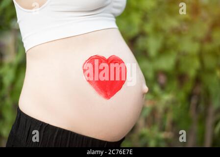 Rotes Herz auf einem schwangeren weiblichen Bauch gezeichnet. Schwangeres Konzept. Nahaufnahme Stockfoto