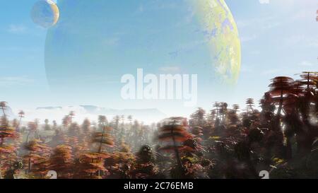 Exoplanet Landschaft, schönen Wald auf einer fremden Welt Stockfoto