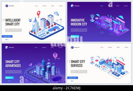 Isometrische Smart City iot Technologie Vektor Illustration. Kreatives modernes Konzept Bannerset, Website-Design mit Cartoon 3d Karte der Stadtlandschaft mit Cyber-Infrastruktur, künstliche Intelligenz Kontrolle Stock Vektor