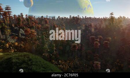 Exoplanet Landschaft, schönen Wald auf einer fremden Welt Stockfoto
