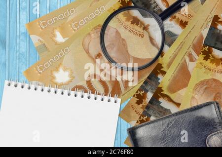 100 kanadische Dollar Scheine und Lupe mit schwarzem Geldbeutel und Notizblock. Konzept von gefälschtem Geld. Suchen Sie nach Unterschieden in Details zu Geld Stockfoto