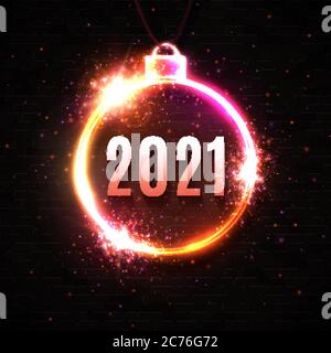 Neujahr Neon-Schild auf dunkelrotem Hintergrund. 2021 glühenden Text in Weihnachtskugel elektrische LED-Lampe Rahmen mit Licht funkelt. Feier, Feiertag Stock Vektor